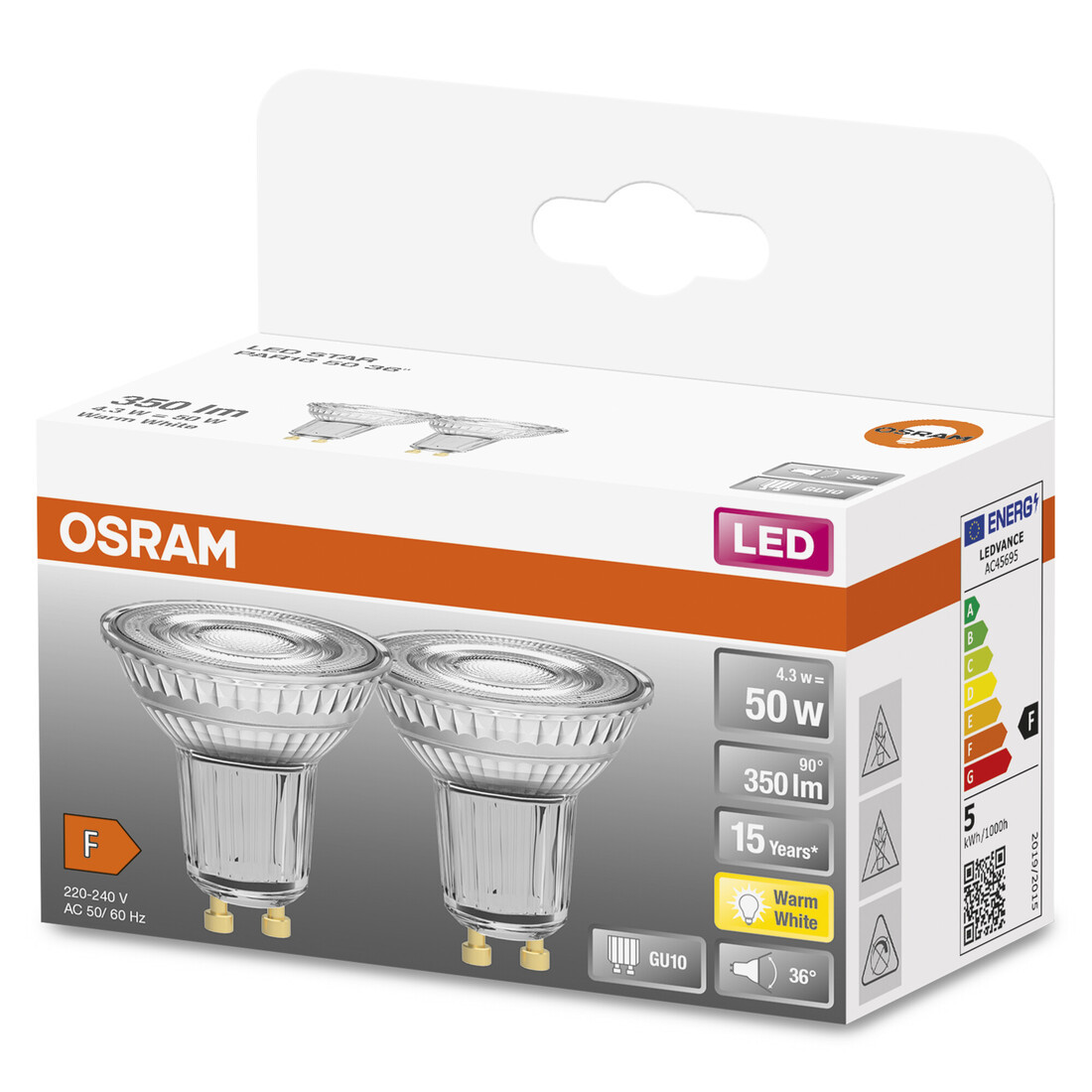 260252 2u LAMPARA PAR16 LED GU10 4,3W 2700K 36° STAR OSRAM