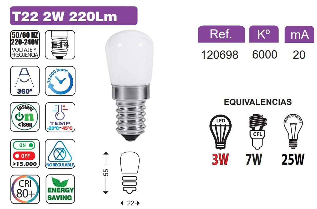 120698 BOMBILLA PEBETERA LED T22 E14 2W 6000K 270LM B&B