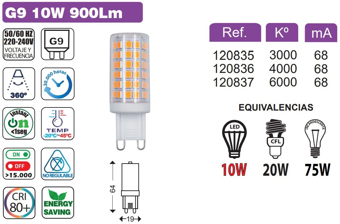 120832 BOMBILLA LED G9 7W 3000K 1000LM B&B