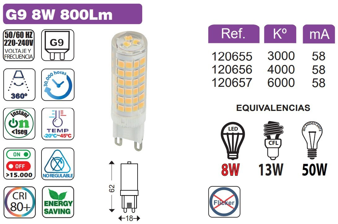 120657 BOMBILLA LED G9 360° 8W 6000K 700LM B&B