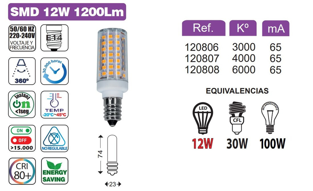 120807 BOMBILLA TUBULAR LED E14 12W 4000K 1100LM B&B