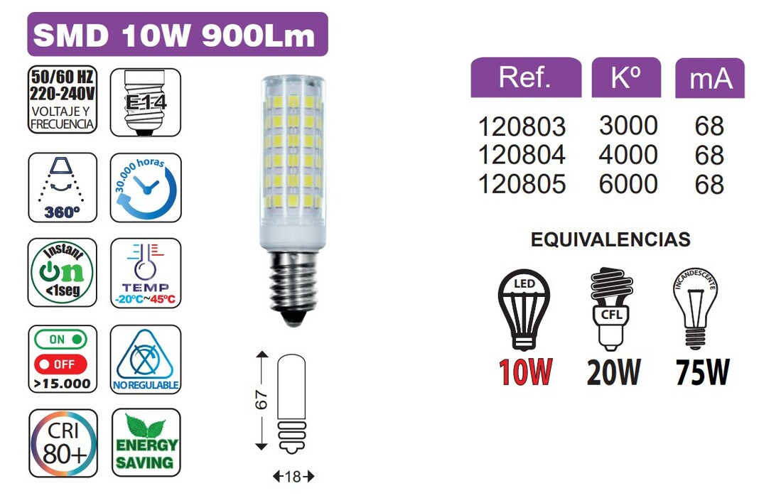 120804 BOMBILLA TUBULAR LED E14 10W 4000K 900LM B&B