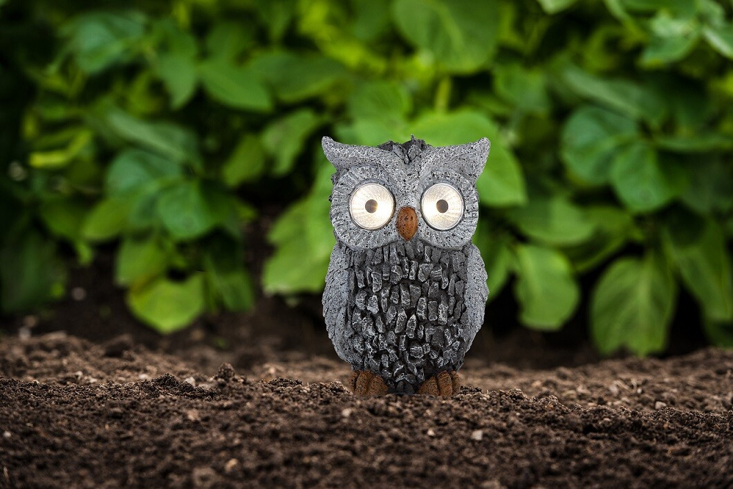 33204 LUZ SOLAR DECORATIVA LED BUHO GRIS 2x0,06W 3V 3000K IP44 GLOBO