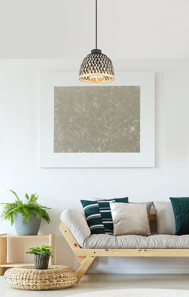 15767H2 LAMPARA COLGANTE 1xE27 LED 15W 230V Ø200mm BAMBU NATURAL NEGRO COLLY GLOBO