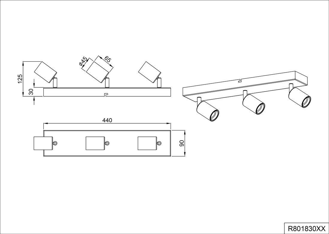 R80183032 REGLETA 3 FOCOS VANNES NEGRO E27 TRIO