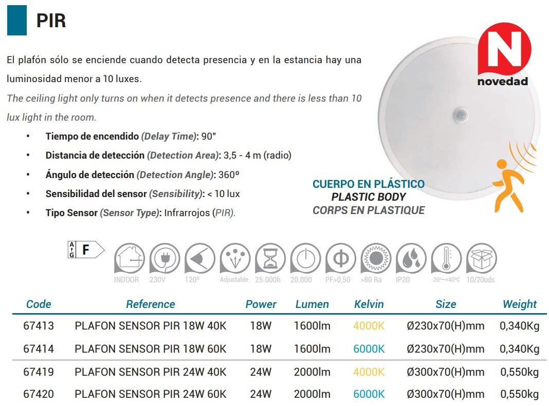 67414 PLAFON LED SENSOR PIR 18W 6000K ALG